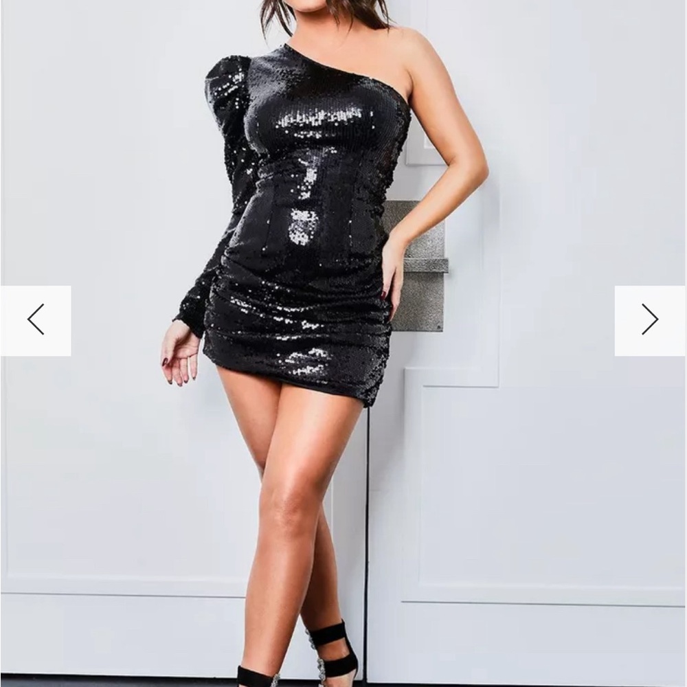black one shoulder sequin dress